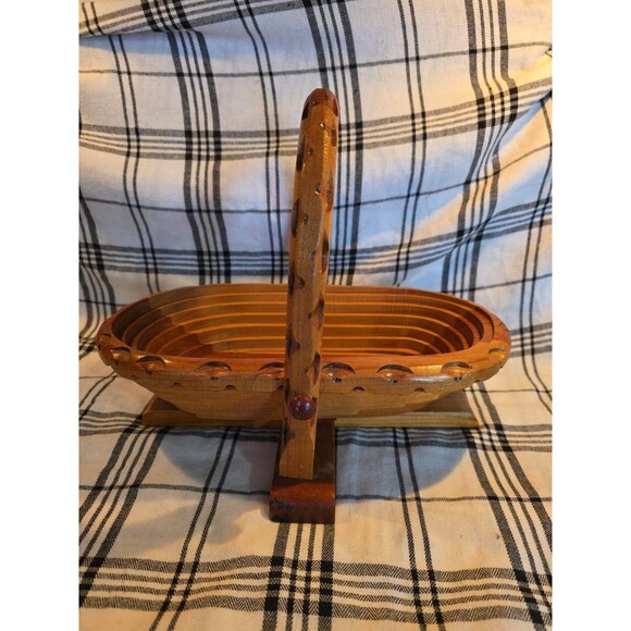 13" Vintage Wood Basket Collapsible Folding Fruit Bread Serving Display Decor - Picture 6 of 11